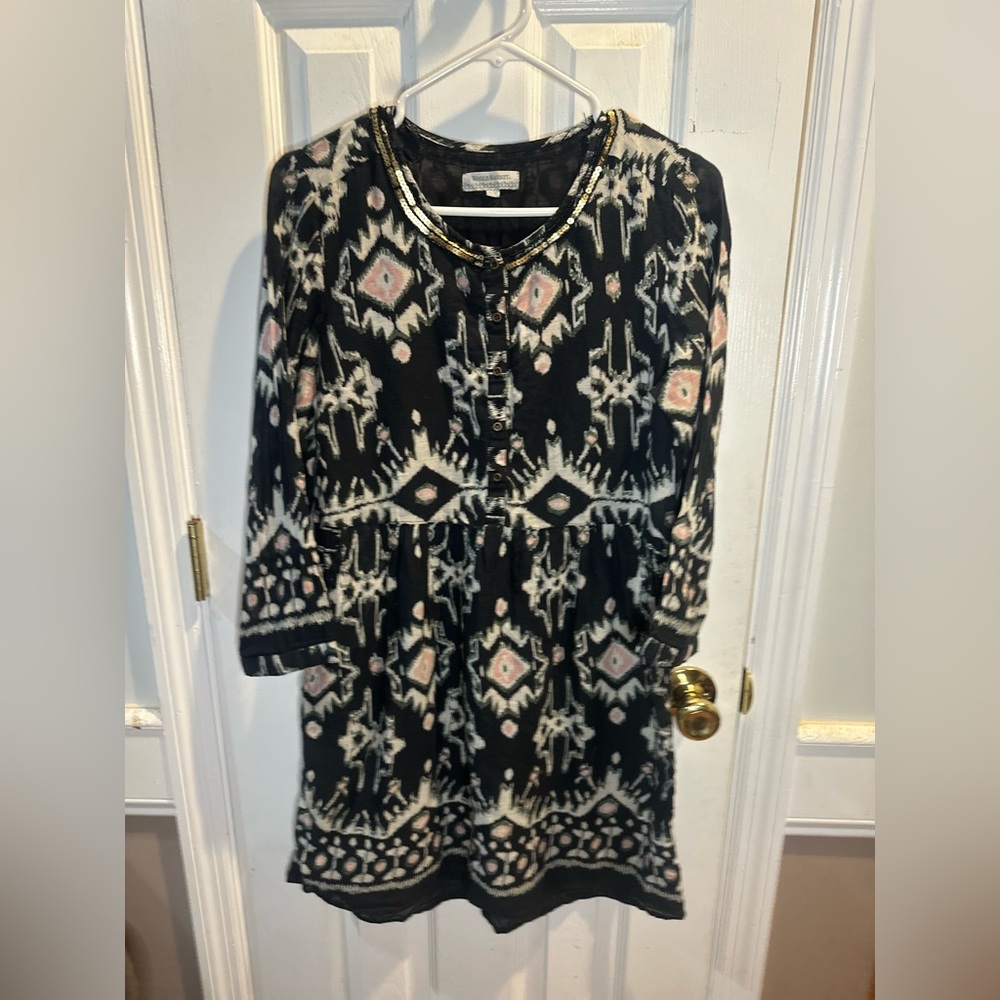 World‎ Market Boho Mini Dress Tunic Long Sleeve Cotton Sequin Pockets S/M